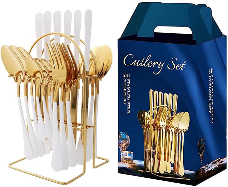Set Tacâmuri Lux 24 Piese cu Suport – Gold & White