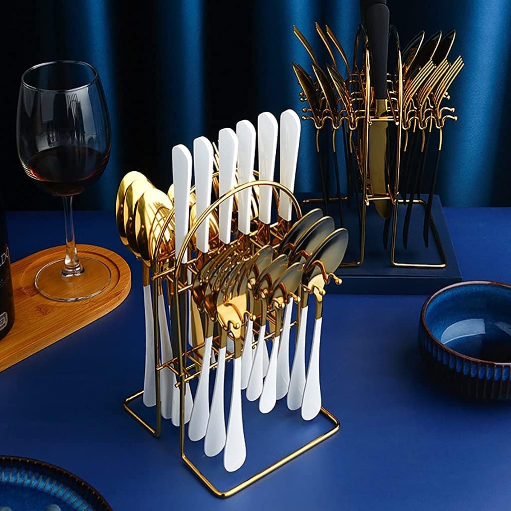 Set Tacâmuri Lux 24 Piese cu Suport – Gold & White